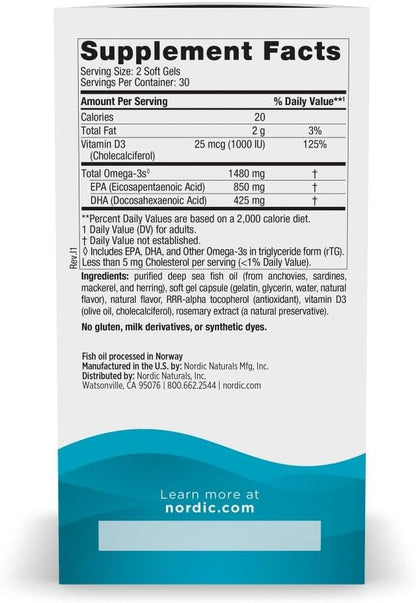 Nordic Naturals Ultimate Omega Xtra, Lemon Flavor - 60 Soft Gels - 1480 mg Omega-3 + 1000 IU Vitamin D3 - EPA & DHA - Brain, Heart, & Immune Health - 30 Servings
