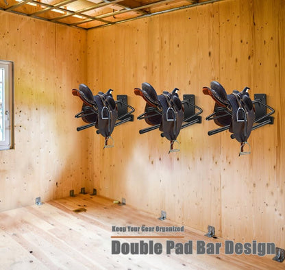 4 Sets Wall Mounted Saddle Rack With Double Pad Bar - Heavy Duty Stand for English and Western Saddles - 23.8x12.6x7.5 Inches