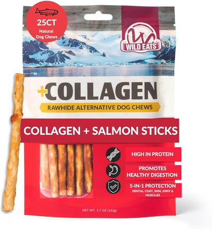 Wild Eats Collagen Real Salmon Sticks for Dogs 25ct - Long Lasting Dog Chews No Hide Dog Treat Bully Stick Alternative, Rawhide Free, Grain Free, High Protein