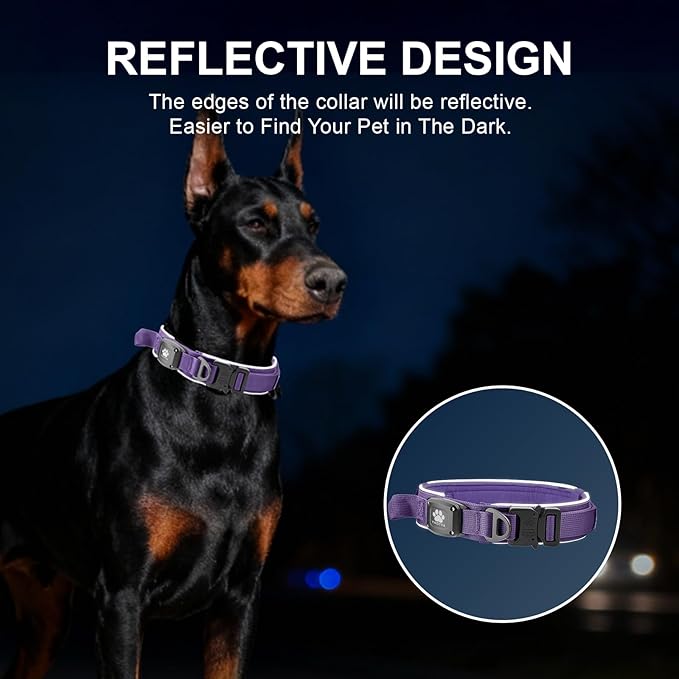 2026 Upgrade Dog Collar with IPX8 Waterproof AirTag Holder,Military Tactical Comfortable Control Handle and Ultra-Durable Metal Buckle/Night Reflective,GPS Collar for Medium to Large Dogs（Purple/L）
