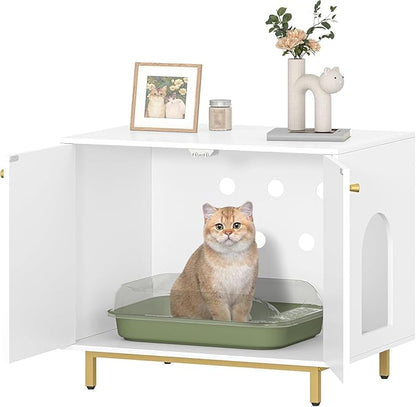 Cat Litter Box Enclosure, Hidden Litter Box Furniture Cabinet, Wooden Indoor Cat House, Side End Table, Living Room, Bedroom, White and Gold CB85003G