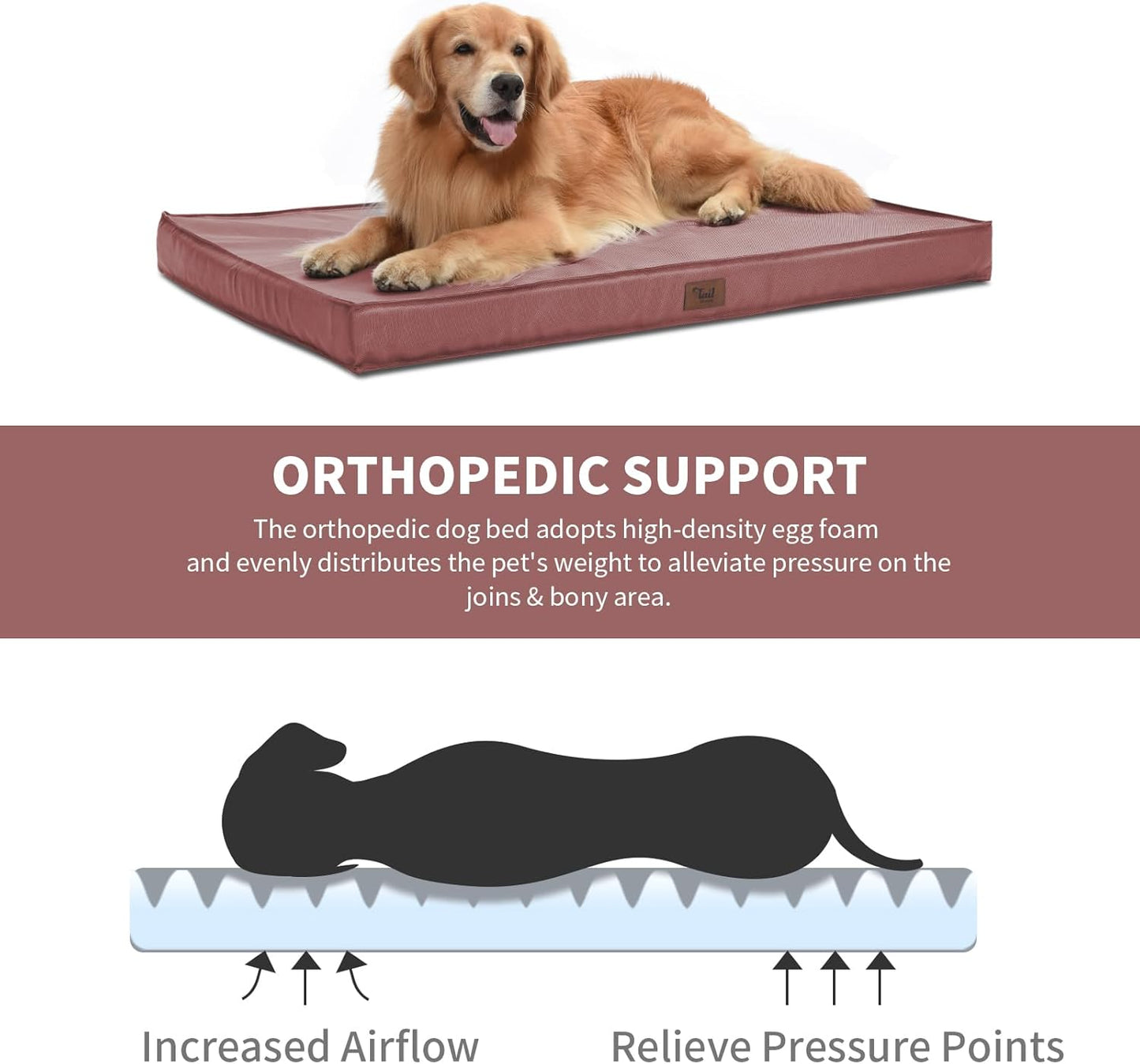Outdoor Large Dog Bed, Waterproof Dog Bed for Large Dogs, Egg Crate Foam Pet Bed with Removable Washable Oxford Cooling Cover, Pink
