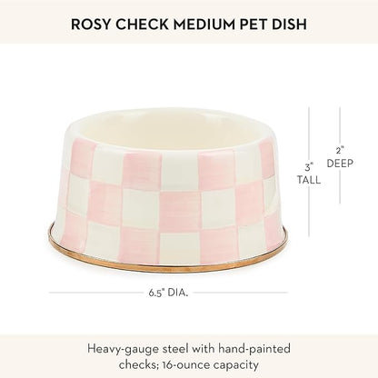 MACKENZIE-CHILDS Enamel Pet Bowl, Cute Cat and Dog Bowl for Food and Water, Medium, Pink-and-White Rosy Check