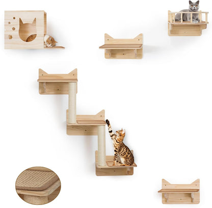 9-Piece Cat Wall Shelves and Perches for Wall, House, Lookout Tower, 2 Sisal Scratching Posts, 5-Step Wall Ladder, 7 Sisal Mat, Ideal Shelves for Wall - Sturdy Cat Wall Shelves for Large Cats