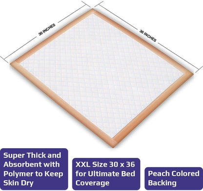 Ultra Absorbency Disposable Underpads Extra Thick 100 Grams Fluff with Polymer XL Size 30 X 36, Peach, 50Count
