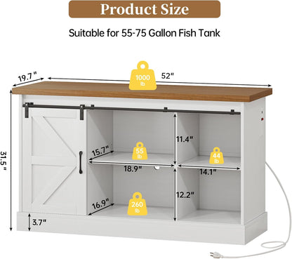 55-75 Gallon Fish Tank Stand with Sliding Barn Doors & Power Outlet, Heavy Duty Aquarium Stand with Cabinet Storage for Fish Tank, Turtle Tank, Reptile Terrarium, 1000LBS Capacity, White
