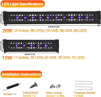 22-Inch LED UVB Light Fixture for Reptiles, Adjustable 10.0–20.0 UVA UVB Lamp with Dimming & Timer, 26W Aluminum Light for Bearded Dragons, Turtles, Snakes – Full Spectrum UVI Lighting for Tanks