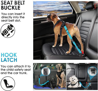 SlowTon Dog Seat Belt, Adjustable Dog Safety Belt Leash, 2 in 1 Latch Bar Attachment Dogs Car Seatbelt with Elastic Nylon Bungee Buffer, Reflective Nylon Belt Tether (TB,35.5in)