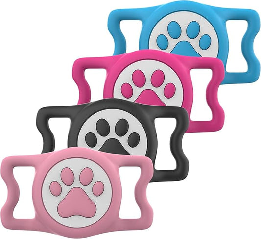 4 Pack IP68 Waterproof Compatible with Air Tag Dog Collar Holder, Silicone Dog Air tag Holder for Apple Air Tag (Black&Pink&Blue&Rosered)