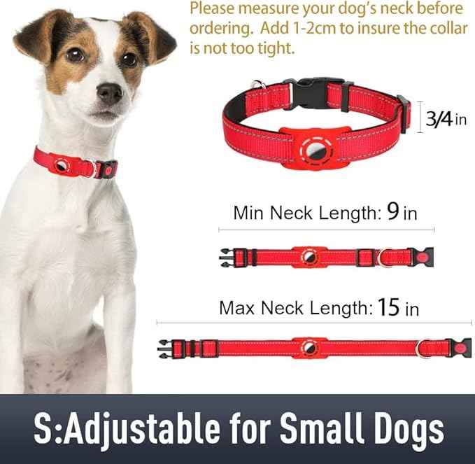AirTag Dog Collar with AirTag Holder Compatible for Air Tag, Reflective Soft Padded, Safety Locking Buckle, Adjustable Nylon for Small Medium Large Dogs (Red,S)