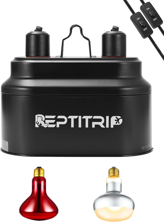 Dual Reptile Lamp Fixture with 100W Daytime Heat & 100W Nighttime Infrared Heat Bulbs, 2 Independent Switches, Reptile Heat Lamp Combo Pack - No UVB