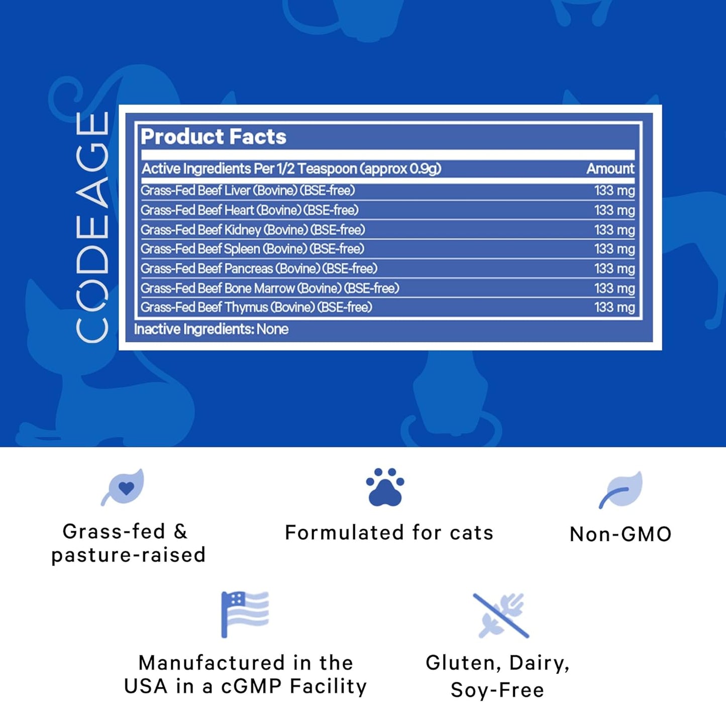 Happy Healthy Organs & Glands Supplement For Cats, Freeze-Dried Raw Bovine Liver Grass-Fed Bone Marrow Heart Kidney Pancreas, Bovine Thymus Iron Multi Organ Powder, Joints Cat Vitamins 1.48 oz