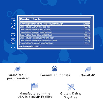 Happy Healthy Organs & Glands Supplement For Cats, Freeze-Dried Raw Bovine Liver Grass-Fed Bone Marrow Heart Kidney Pancreas, Bovine Thymus Iron Multi Organ Powder, Joints Cat Vitamins 1.48 oz