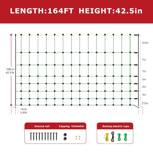 Electric Fence Netting, 164'L x 42.5" H Electric Fence Kit for Livestock, Goat, 14 Posts Double Spiked Portable Electric Poultry Farm Fence