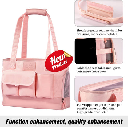 Dog Carrier, Cat Carrier, Pet Carrier, Foldable Waterproof Premium PU Leather Oxford Cloth Dog Purse, Portable Tote Bag Carrier for Small to Medium Cats and Small Dogs (Pink)