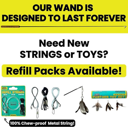 Forever Stick and 3 Strings including Chew Proof Metal Wire - The Unbreakable Cat Wand Toy, Durable Cat Toy Wand, Extra Long Cat String Toy, Cat Fishing Pole Toy for Bored Indoor Adult Cats, Stick Toy
