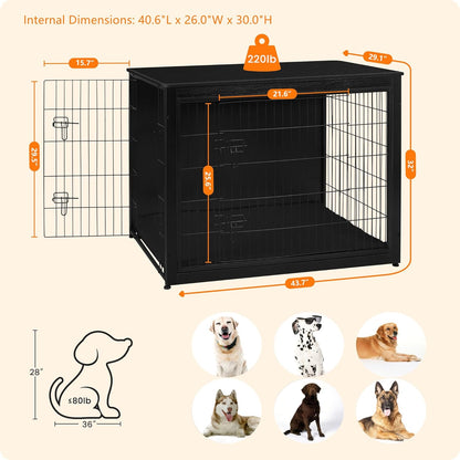DWANTON Dog Crate Furniture with Cushion, Wooden Kennel Table with Double Doors, Indoor Dog House, Extra Large Size, 43.3" L, Black