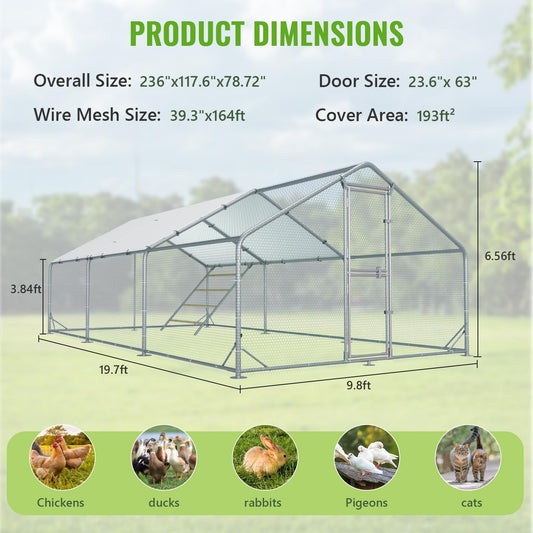 Large Metal Chicken Coop, 10x20x6.5FT Chicken Runs for Yard with Cover