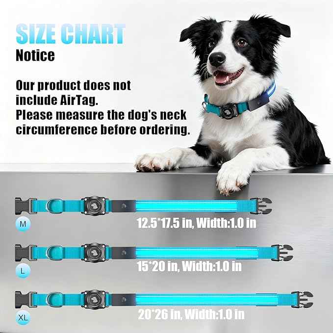 LED AirTag Dog Collar - Brightest Light Up Dog Collars - IP68 Waterproof Air Tag Dog Collar Holder - 1,600 Feet of High Visibility - Magnetic Charging - Dog Lights for Night Walking, Blue M