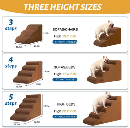 5-Step Dog Stairs and Ramp for High Bed,Non-Slip Sturdy Pet Steps for Small Dogs and Cats,22.2" H,Brown