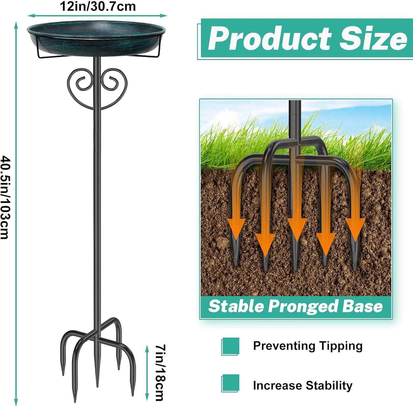 Metal Bird Bath for Outside, Freestanding Bird Bath Bird Feeder Bowl with 5-Pronged Base Stake Detachable Birdbaths Bowl for Outdoors Garden Patio Yard Lawn Decor (Vintage Green)