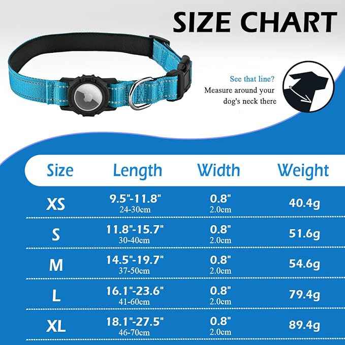 Airtag Dog Collar with Waterproof Air Tag Holder, Integrated Reflective Pet Collar with Soft Padding, Adjustable Nylon Collar for Small Medium Large Dogs, Blue, S (11.8"-15.7")