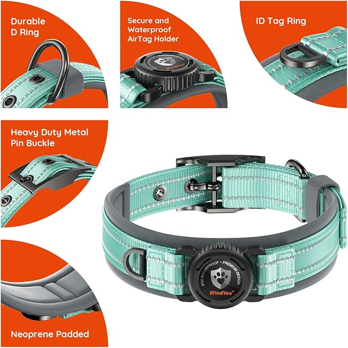 Upgraded AirTag Dog Collar with Holder, Waterproof Reflective Air Tag Dog Collar with Widened Comfortable Padding & Ultra-Durable Metal Buckle, Adjustable for Medium (Cyan, Small)