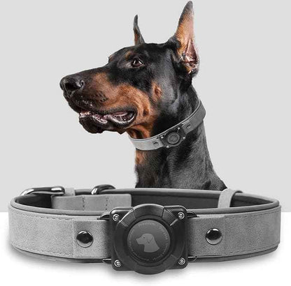 Leather AirTag Dog Collar, Waterproof Dog Collar with Air Tag Holder, Compatible with Apple Air Tag, Reflective, Durable, Comfortable Padded GPS Dogs Collars (Grey, L)