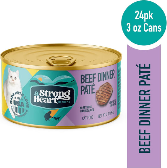 A Strong Heart Canned Wet Cat Food, Beef Dinner Paté - 3 oz Cans (Pack of 24), Made in The USA with Real Beef