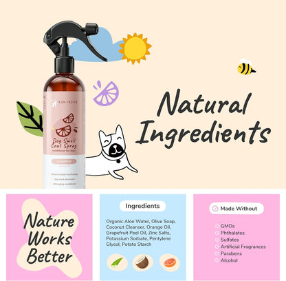 kin+kind Dog Deodorizing Spray - Safe, Natural, & Easy to Use Pet Odor Eliminator - Premium Dog Detangler Spray Formula Made w/Aloe - Dog Deodorizer for Smelly Dogs Made in The USA (12 fl oz)