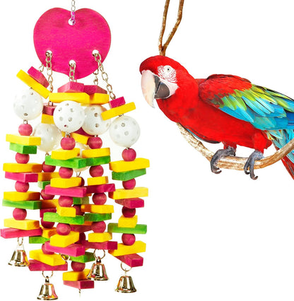 MEWTOGO Bird Toys - Edible Parrots Cage Chew Toy Gift with Bells and Safe Colorful Wood Blocks Beads for Macaws African Grey and Amazon Parrots (Peach Style)