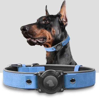 Leather AirTag Dog Collar, Waterproof Dog Collar with Air Tag Holder, Compatible with Apple Air Tag, Reflective, Durable, Comfortable Padded GPS Dogs Collars (Blue, L)
