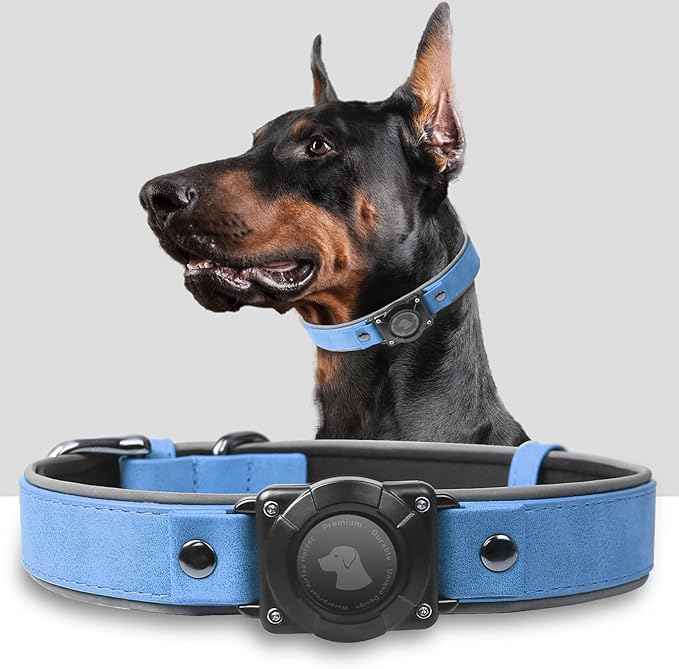 Leather AirTag Dog Collar, Waterproof Dog Collar with Air Tag Holder, Compatible with Apple Air Tag, Reflective, Durable, Comfortable Padded GPS Dogs Collars (Blue, XL)