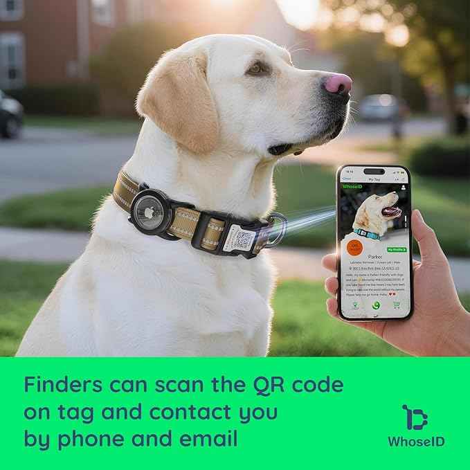 Dog Collar with QR Code, Reflective Dog Collar, Soft Neoprene Padded & Safety Locking Buckle Adjustable Pet Collar (Brown, XS-with Airtag Holder)
