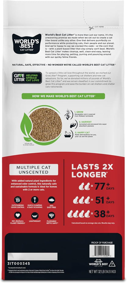 WORLD'S BEST CAT LITTER Multiple Cat Unscented, 32-Pounds - Natural Ingredients, Quick Clumping, Flushable, 99% Dust Free & Made in USA - Long-Lasting Odor Control & Easy Scooping