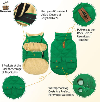 Queenmore Warm Dog Coat, Cold Weather Puffer Dog Coat Vest, Quilting Winter Pet Jacket Ultra Thick Plush Fleece Lining Pet Clothes for Dogs with Storage Pockets (Forest Green,X-Large)