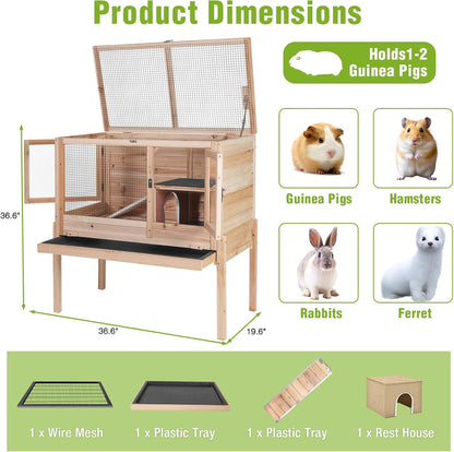 GUTINNEEN Indoor Guinea Pig Cages - Wooden Rabbit Cage Bunny Hutch with Chew-Proof Ramp, Pull-Out Tray, Leakproof PVC Layer & Detachable Legs for Rabbits, Guinea Pigs (Natural Wood)