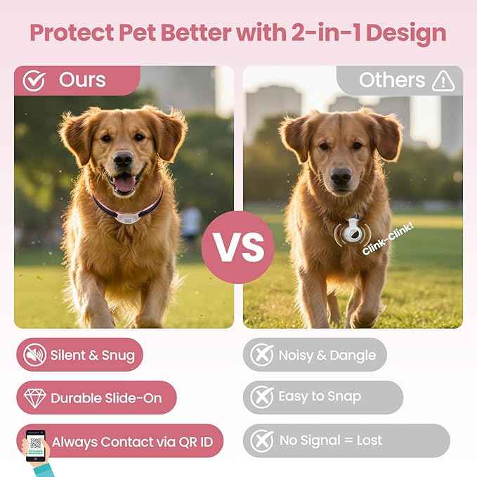 for Airtag Dog Collar Holder with QR ID Tag, Glow in the Dark, Fluorescent Waterproof Silicone for Airtag Case for Dog Collars, Scan for Instant Alert, Emergency Contact, Pet Profile (Blissful Pink)