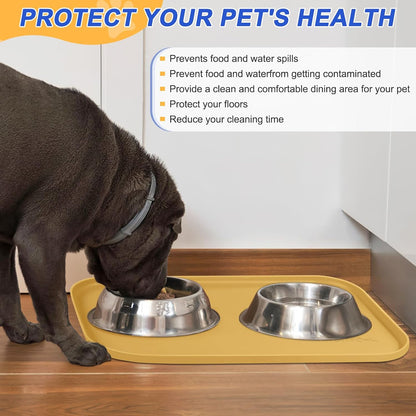 Silicone Pet Feeding Mat with Raised Edge for Food and Water, Dog Bowl Mats, Cat Bowls Placemat with High Lip for Floor Waterproof, Rubber Tray for Cats and Dogs 24 x 16 x0.8 Beige