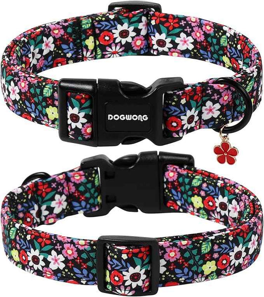 DOGWONG Floral Dog Collar- Cute Spring Wildflowers Dog Collars with Plastic Buckle, Light Adjustable Girl Female Dog Collars for Small Medium Dogs,M