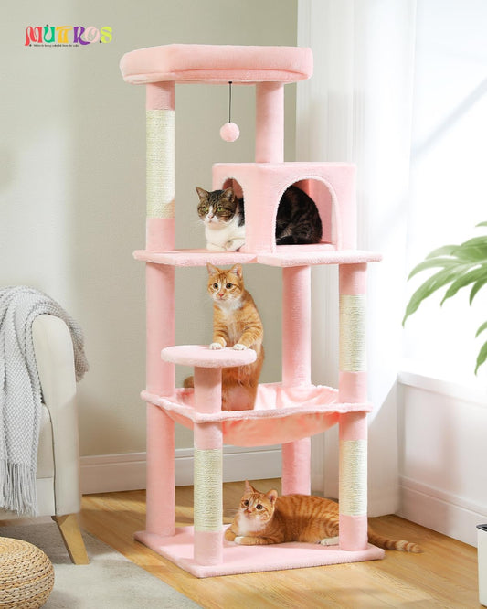 Cat Tree for Large Cats Adult with Metal Plush Big Hammock, 56.3" Cat Tower with 2 Door Condo House, 6-Tier Cat Shelves with Scratching Posts and Large Top Perch, Light Pink