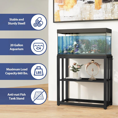 30.7" W x 13" Inch for 20-29 Gallon Long Fish Tank Stand With Storage Shelf, Aquarium Stand With Hooks,Heavy Duty Metal Turtle Reptile Tank Stand, Easy Assemble