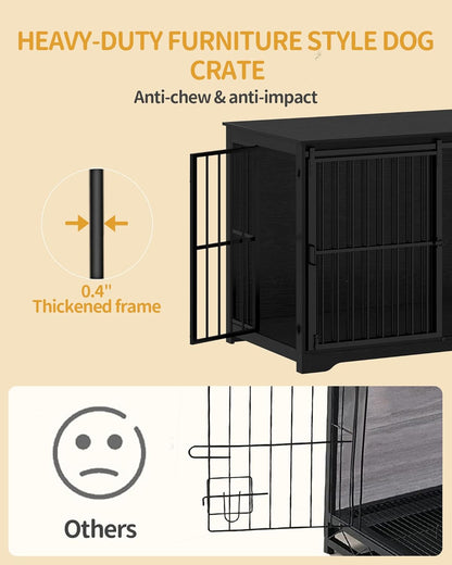XXL Large Dog Crate Furniture, 46.9" Indoor Dog Kennel Furniture with Barn Door, Wooden Tall Dog Crate, Heavy Duty Dog Cage for Large Dogs, Side End Table, Anti-Chew, Black DFC83804B