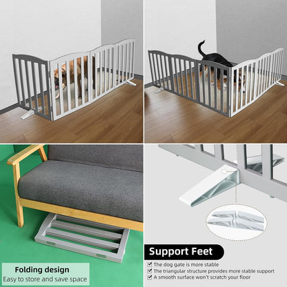 ZJSF Foldable Freestanding Indoor Dog Gate for House Wood Long Pet Gates Dog Fence for Stairs Puppy Gates for Hallways, Puppy Gate,Support Feet Included, Grey, 24 "Height-4 Panels
