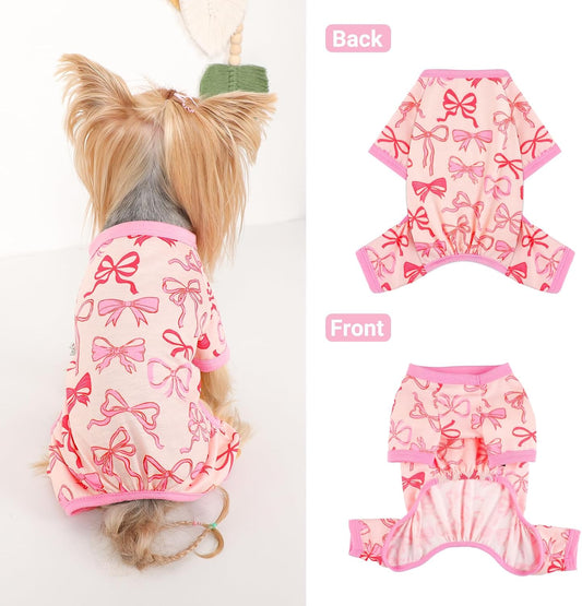 Dog Pajamas Small Sized Dogs Stretchable Summer Dog Clothes Pjs 4 Legs Girl Boy Cute Soft Puppy Outfits Doggie Cat Jammies Jumpsuit Sleeper for Pet (Bow Tie, Small)