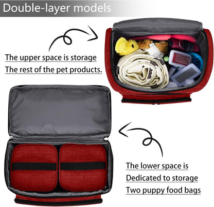 BAGLHER Pet Travel Bag, Double-Layer Pet Supplies Backpack (for All Pet Travel Supplies), Pet Travel Backpack with 2 Silicone Collapsible Bowls and 2 Food Baskets Red - Pawvie