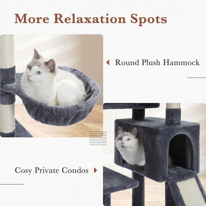 PAWZ Road Cat Tree, 60 Inches Cat Tower with Dual Condos, Spacious Perch, Cozy Basket and Sisal-Covered Scratching Posts for Indoor Cats- Dark Gray