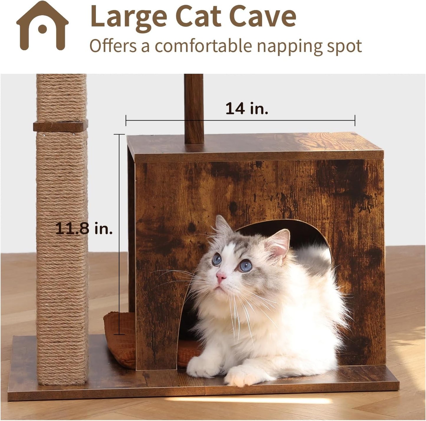 FUKUMARU Cat Scratching Post, Modern Style Cat Tree with Unique Square Post, Wooden Cat Tower with silvervine Balls, Retro Cat Condo Scratcher for Indoor Cats（Solid Wood）