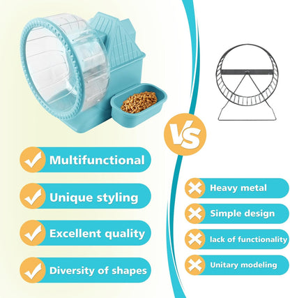 4 in 1 Silent Large Hamster Wheel Multifunctional Hamster Running Wheel Quite Running Spinner Wheel Accessories with Food Bowl Water Bottle for Hamsters Dwarf Gerbil (Blue)