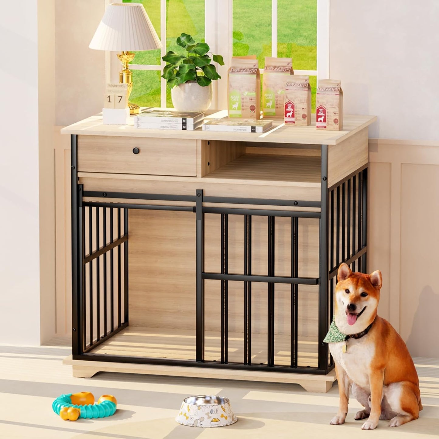 35.5" Dog Crate Furniture, Wooden Dog Crate Furniture for Medium Small Dogs, Wooden Dog Kennel End Table with Drawer and Open Shelves, Sliding Door Dog Kennel Furniture